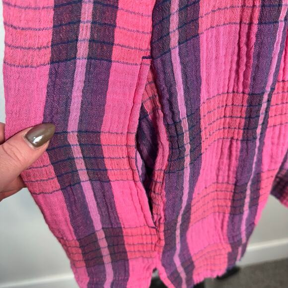 Free People Women’s We The Free Moon City Oversized‎ Boho Plaid Top Pink Small - Picture 6 of 12